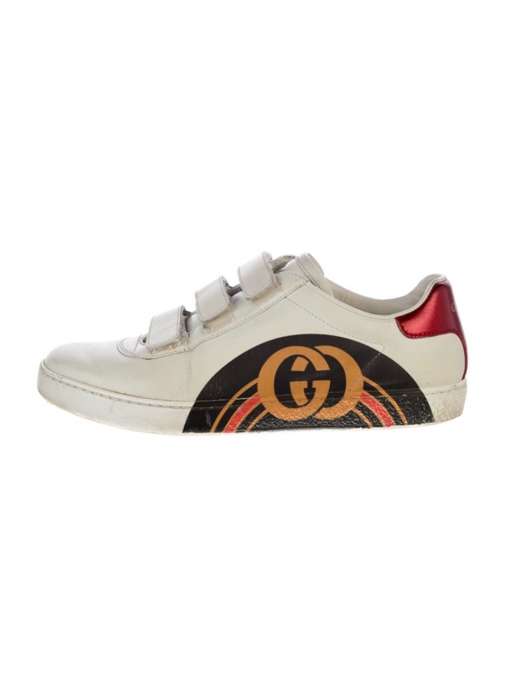 100 authentic Gucci White Leather Velcro Sneaker with Gold and Red Logo Accent